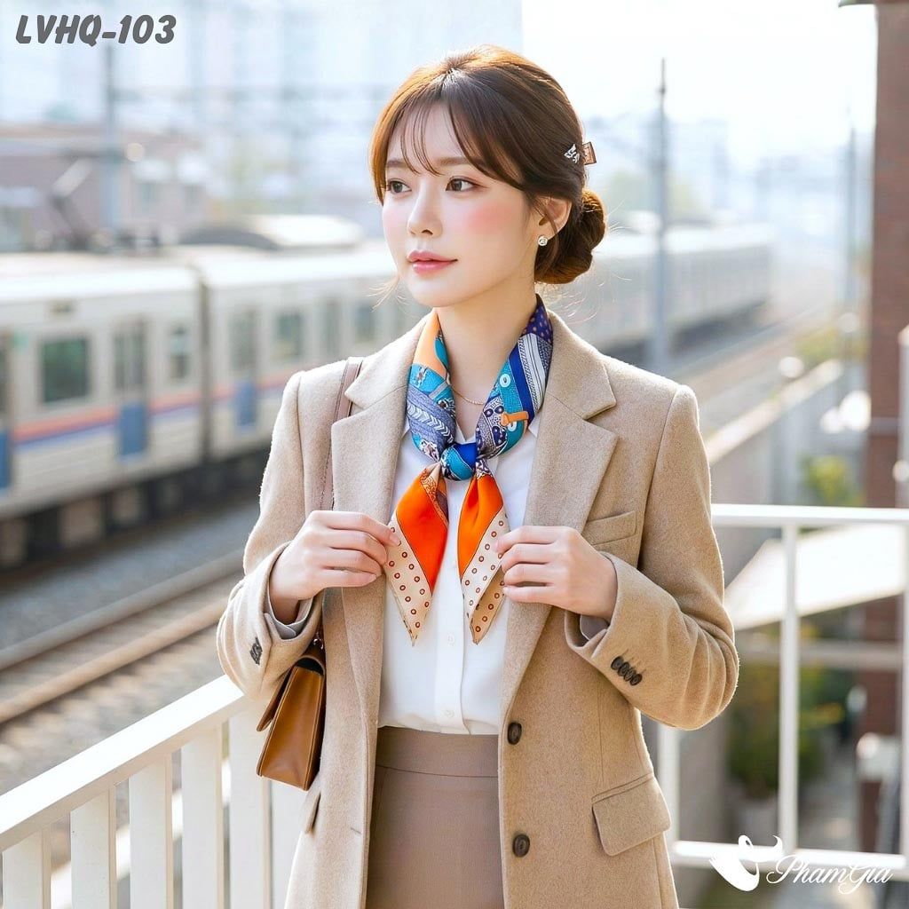Khăn Lụa Vuông 70*70Cm Phong Cách Hàn Quốc Họa Tiết Vintage Phối Màu Xanh - Cam (LVHQ103)