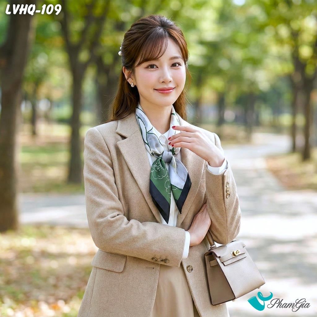 Khăn Lụa Vuông 70*70Cm Phong Cách Hàn Quốc Họa Tiết Hoa Hồng Đại Đóa Màu Xanh Rêu (LVHQ109)