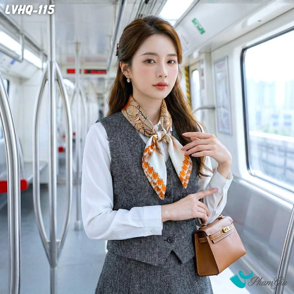 Khăn Lụa Vuông 70*70Cm Phong Cách Hàn Quốc Họa Tiết Lá Cách Điệu Màu Nâu (LVHQ115)