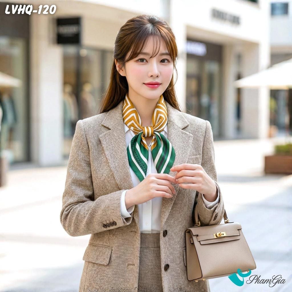 Khăn Lụa Vuông 70*70Cm Phong Cách Hàn Quốc Họa Tiết Kẻ Sọc Phối Viền Xanh (LVHQ120)