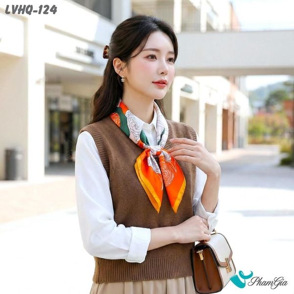 Khăn Lụa Vuông 70*70Cm Phong Cách Hàn Quốc Họa Tiết Hoa Hồng Phối Viền Cam (LVHQ124)
