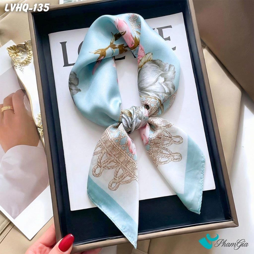 Khăn Lụa Vuông 70*70Cm Phong Cách Hàn Quốc Họa Tiết Hoa Mộc Lan Phối Nền Xanh Ngọc Bích (LVHQ135)