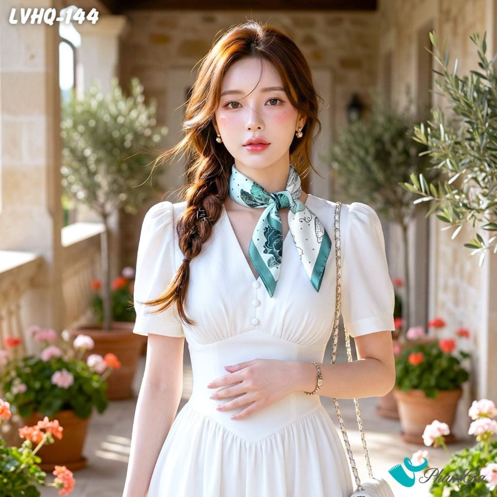 Khăn Lụa Vuông 70*70Cm Phong Cách Hàn Quốc Họa Tiết Hoa Lily Viền Xanh Ngọc (LVHQ144)