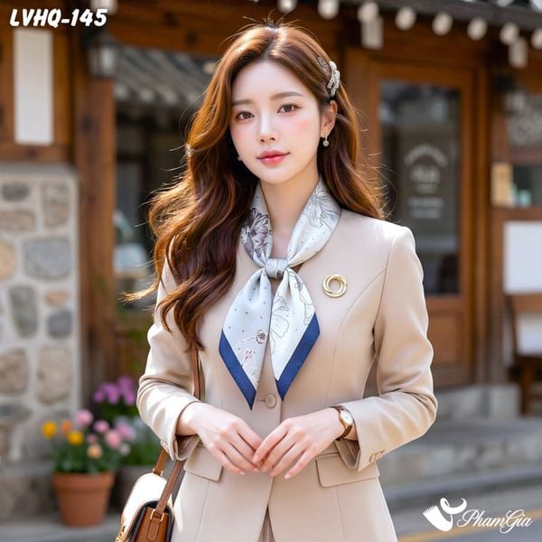 Khăn Lụa Vuông 70*70Cm Phong Cách Hàn Quốc Họa Tiết Hoa Lily Viền Xanh Navy (LVHQ145)