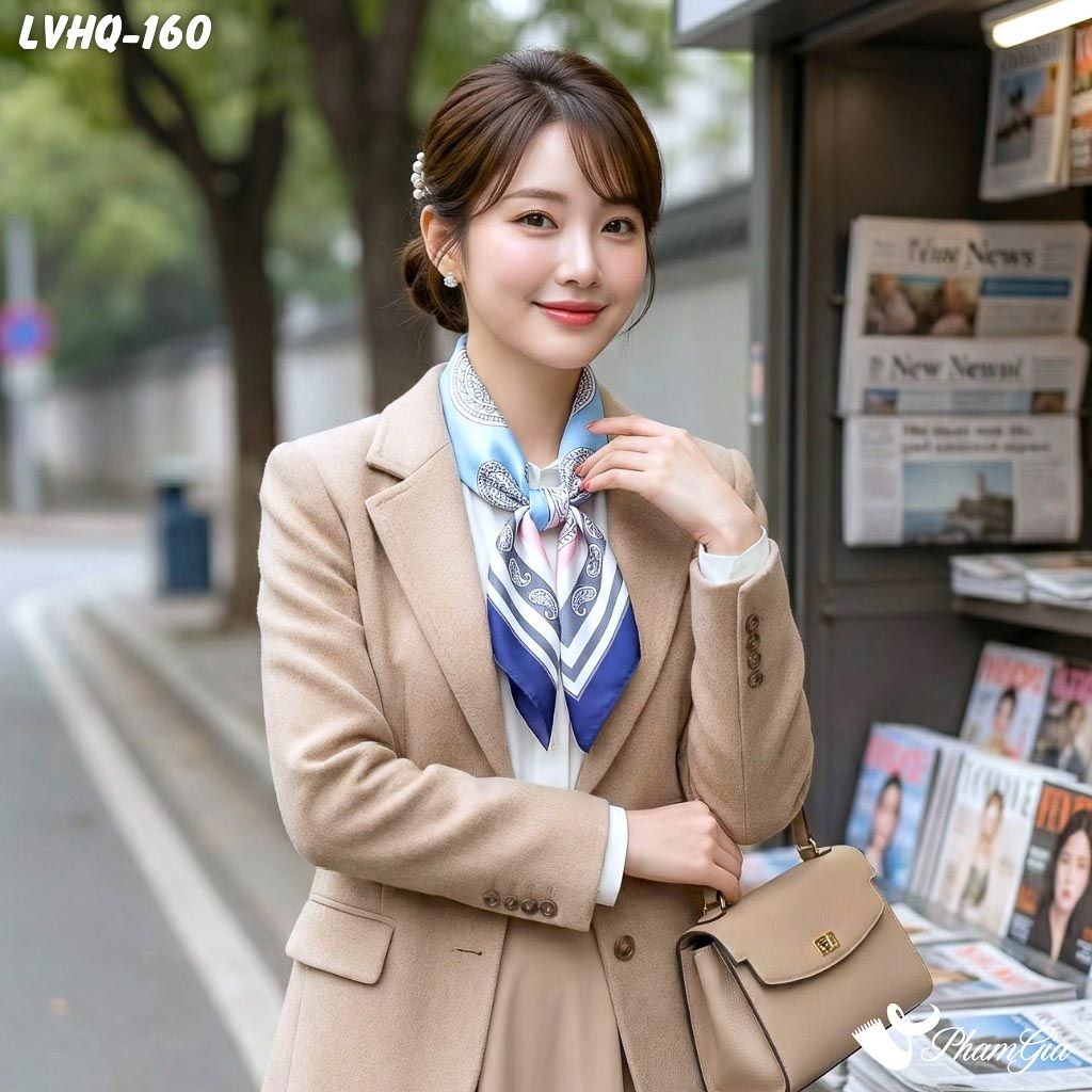 Khăn Lụa Vuông 70*70Cm Phong Cách Hàn Quốc Họa Tiết Paisley Viền Xanh Navy (LVHQ160)