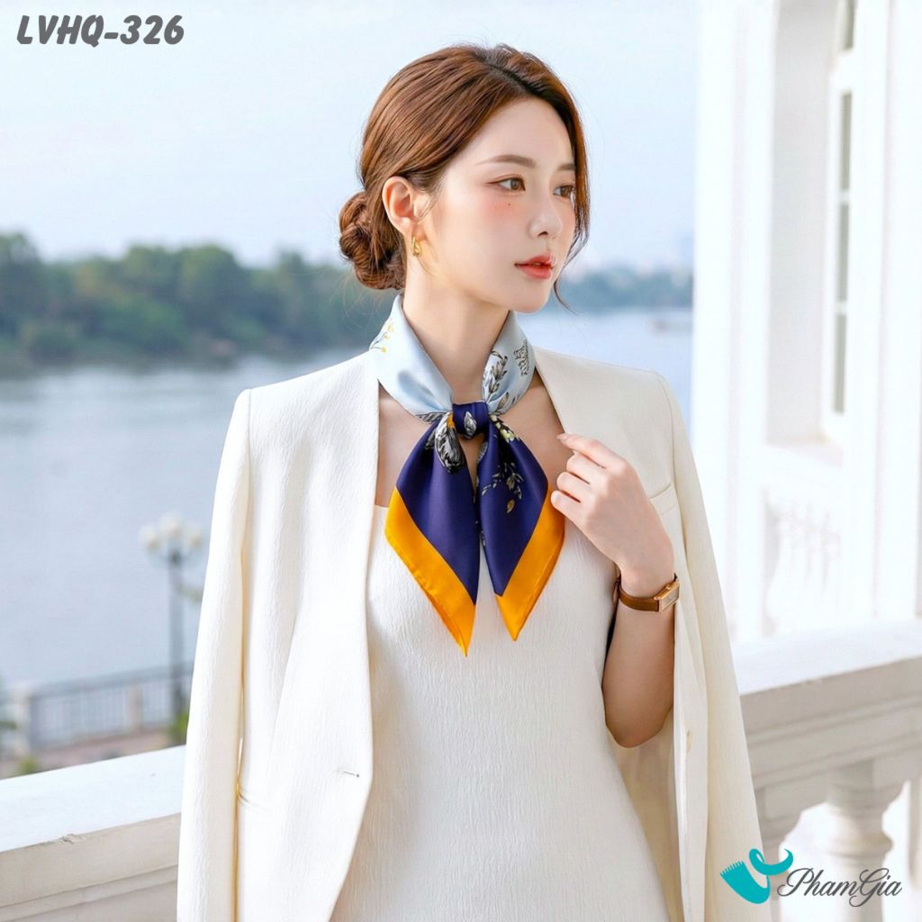Khăn Lụa Vuông 70*70cm Phong Cách Hàn Quốc Họa Tiết Hoa Lá Màu Xanh Viền Vàng (LVHQ326)