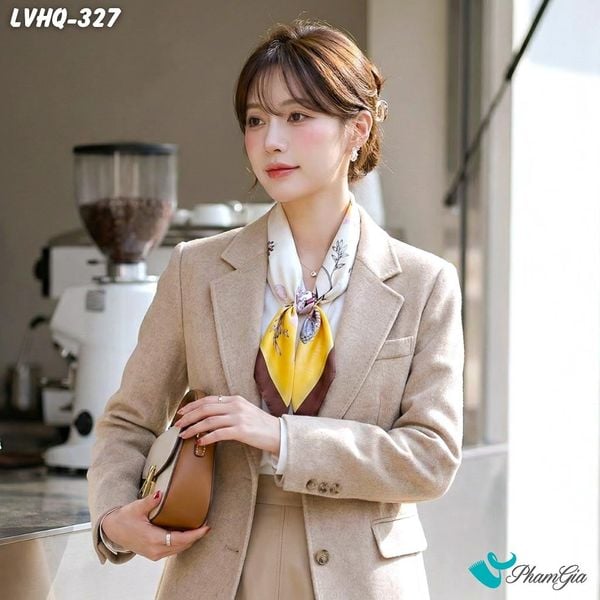 Khăn Lụa Vuông 70*70cm Phong Cách Hàn Quốc Họa Tiết Hoa Lá Màu Vàng Viền Nâu (LVHQ327)