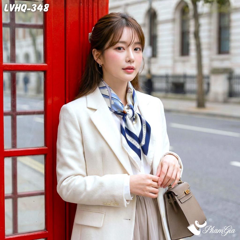 Khăn Lụa Vuông 70*70cm Phong Cách Hàn Quốc Họa Tiết Retro Phối Màu Xanh - Trắng (LVHQ348)