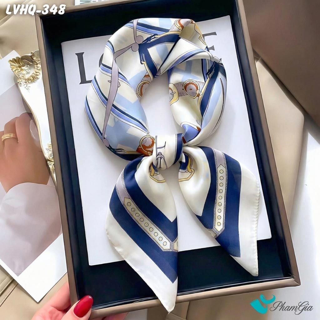 Khăn Lụa Vuông 70*70cm Phong Cách Hàn Quốc Họa Tiết Retro Phối Màu Xanh - Trắng (LVHQ348)