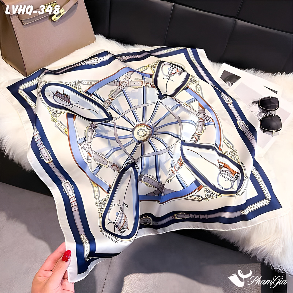Khăn Lụa Vuông 70*70cm Phong Cách Hàn Quốc Họa Tiết Retro Phối Màu Xanh - Trắng (LVHQ348)