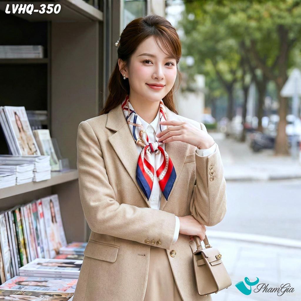 Khăn Lụa Vuông 70*70cm Phong Cách Hàn Quốc Họa Tiết Retro Phối Màu Xanh Navy - Đỏ (LVHQ350)