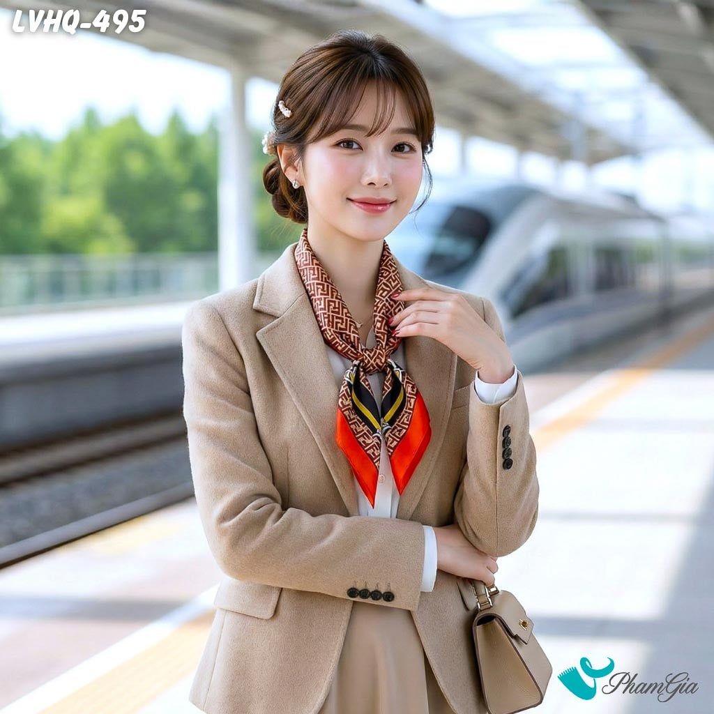 Khăn Lụa Vuông 70*70cm Phong Cách Hàn Quốc Họa Tiết Monogram Màu Nâu Đỏ (LVHQ495)