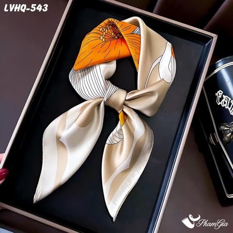 Khăn Lụa Vuông 70*70cm Phong Cách Hàn Quốc Họa Tiết Hoa Màu Beige (LVHQ543)