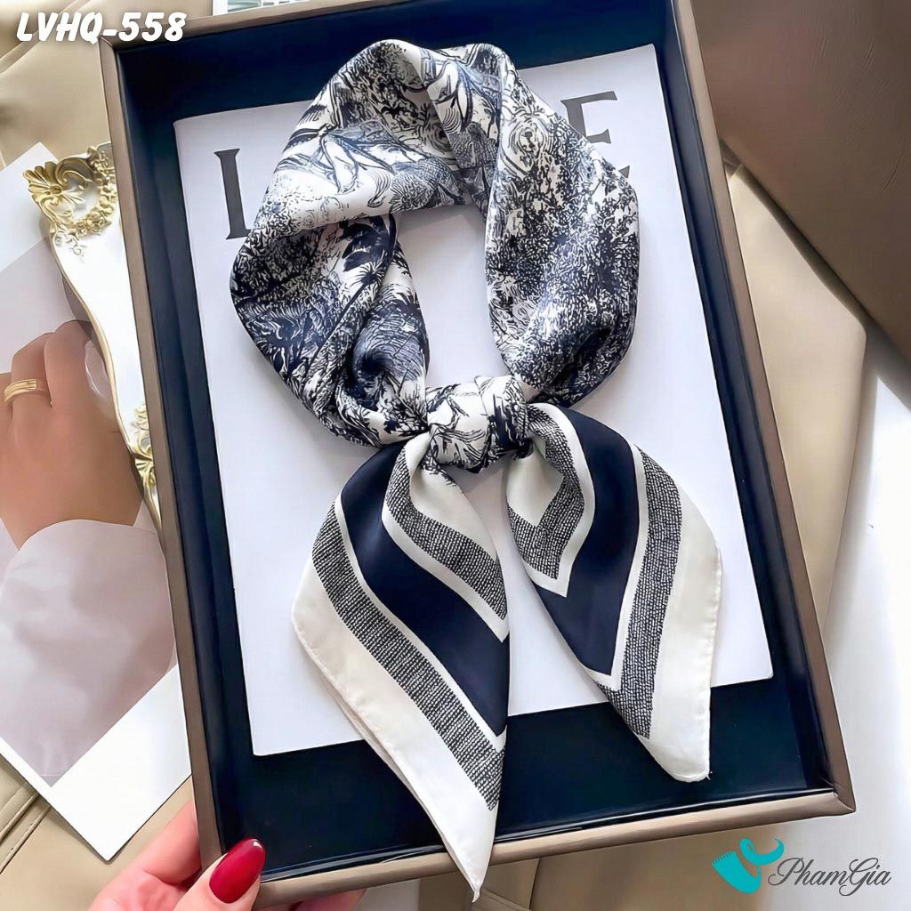 Khăn Lụa Vuông 70*70cm Phong Cách Hàn Quốc Họa Tiết Cây Nhiệt Đới Màu Xanh Navy (LVHQ558)