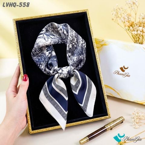 Khăn Lụa Vuông 70*70cm Phong Cách Hàn Quốc Họa Tiết Cây Nhiệt Đới Màu Xanh Navy (LVHQ558)
