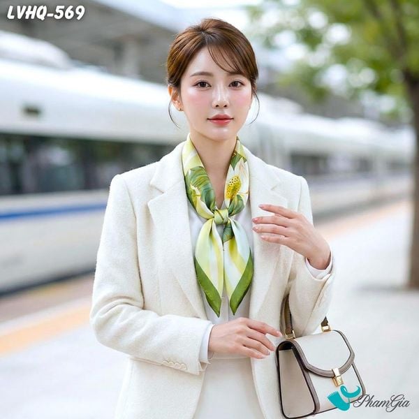 Khăn Lụa Vuông 70*70cm Phong Cách Hàn Quốc Họa Tiết Hoa Sen Màu Xanh Rêu (LVHQ569)