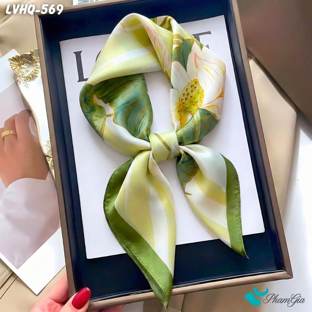 Khăn Lụa Vuông 70*70cm Phong Cách Hàn Quốc Họa Tiết Hoa Sen Màu Xanh Rêu (LVHQ569)