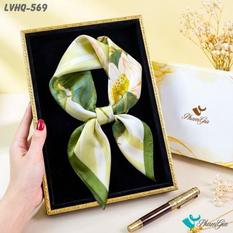 Khăn Lụa Vuông Harmony Quiet 70*70cm Họa Tiết Hoa Sen Màu Xanh Rêu (LVHQ569)