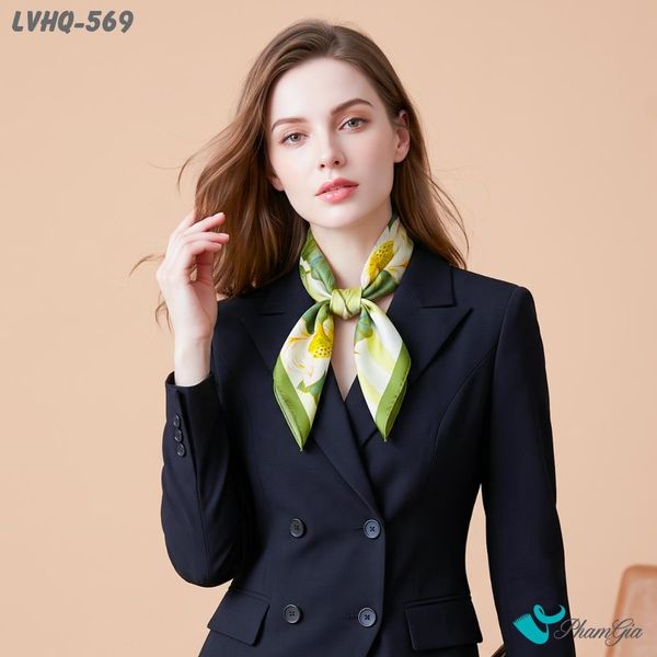 Khăn Lụa Vuông Harmony Quiet 70*70cm Họa Tiết Hoa Sen Màu Xanh Rêu (LVHQ569)