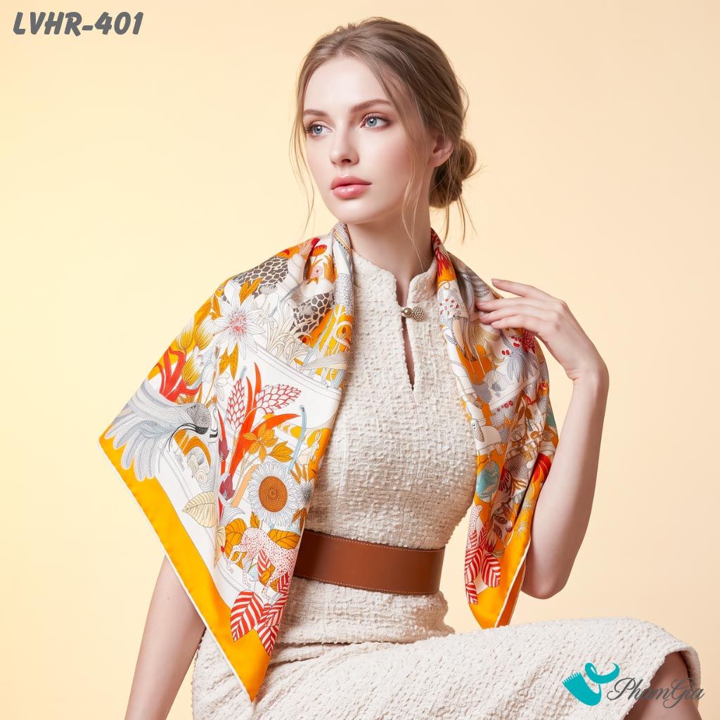 Khăn Lụa Vuông Hera 90*90Cm 2 Mặt Cao Cấp Hoạ Tiết Khu Vườn Nhiệt Đới Màu Cam Hiện Đại (LVHR401)