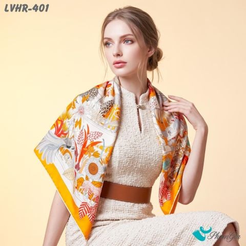 Khăn Lụa Vuông Hera 90*90Cm 2 Mặt Cao Cấp Hoạ Tiết Khu Vườn Nhiệt Đới Màu Cam Hiện Đại (LVHR401)