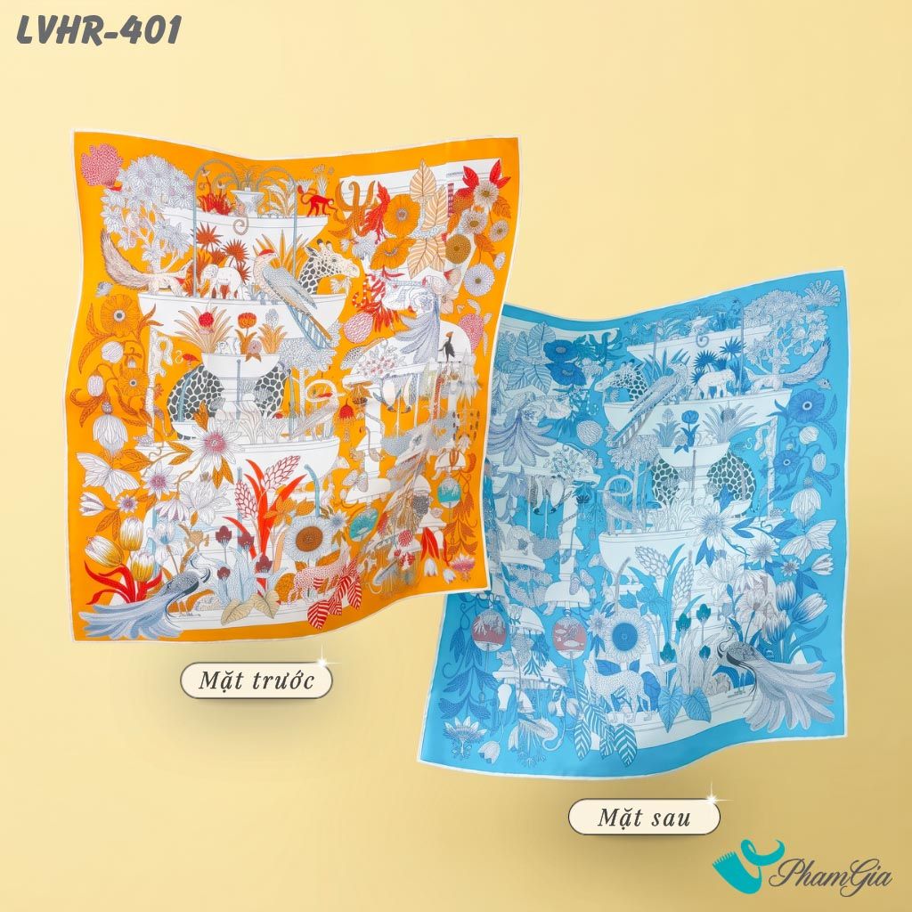 Khăn Lụa Vuông Hera 90*90Cm 2 Mặt Cao Cấp Hoạ Tiết Khu Vườn Nhiệt Đới Màu Cam Hiện Đại (LVHR401)