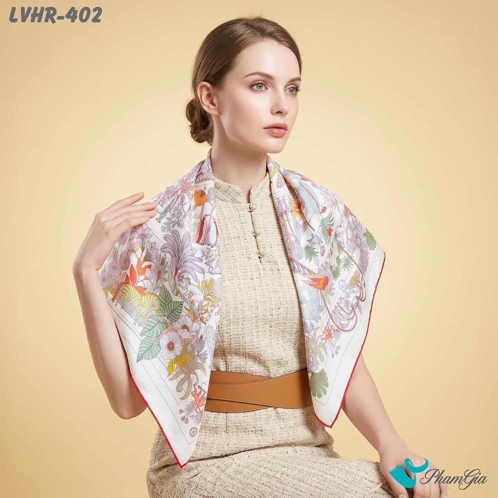 Khăn Lụa Vuông Hera 90*90Cm 2 Mặt Cao Cấp Hoạ Tiết Khu Vườn Nhiệt Đới Màu Trắng Hiện Đại (LVHR402)