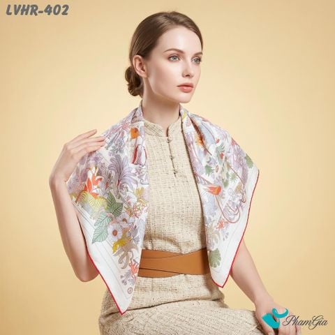 Khăn Lụa Vuông Hera 90*90Cm 2 Mặt Cao Cấp Hoạ Tiết Khu Vườn Nhiệt Đới Màu Trắng Hiện Đại (LVHR402)