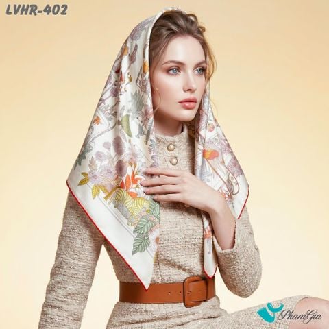 Khăn Lụa Vuông Hera 90*90Cm 2 Mặt Cao Cấp Hoạ Tiết Khu Vườn Nhiệt Đới Màu Trắng Hiện Đại (LVHR402)