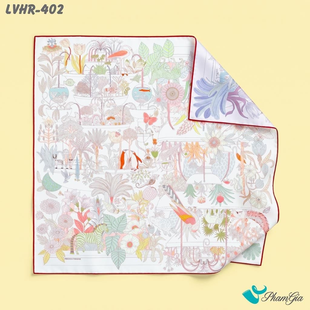 Khăn Lụa Vuông Hera 90*90Cm 2 Mặt Cao Cấp Hoạ Tiết Khu Vườn Nhiệt Đới Màu Trắng Hiện Đại (LVHR402)