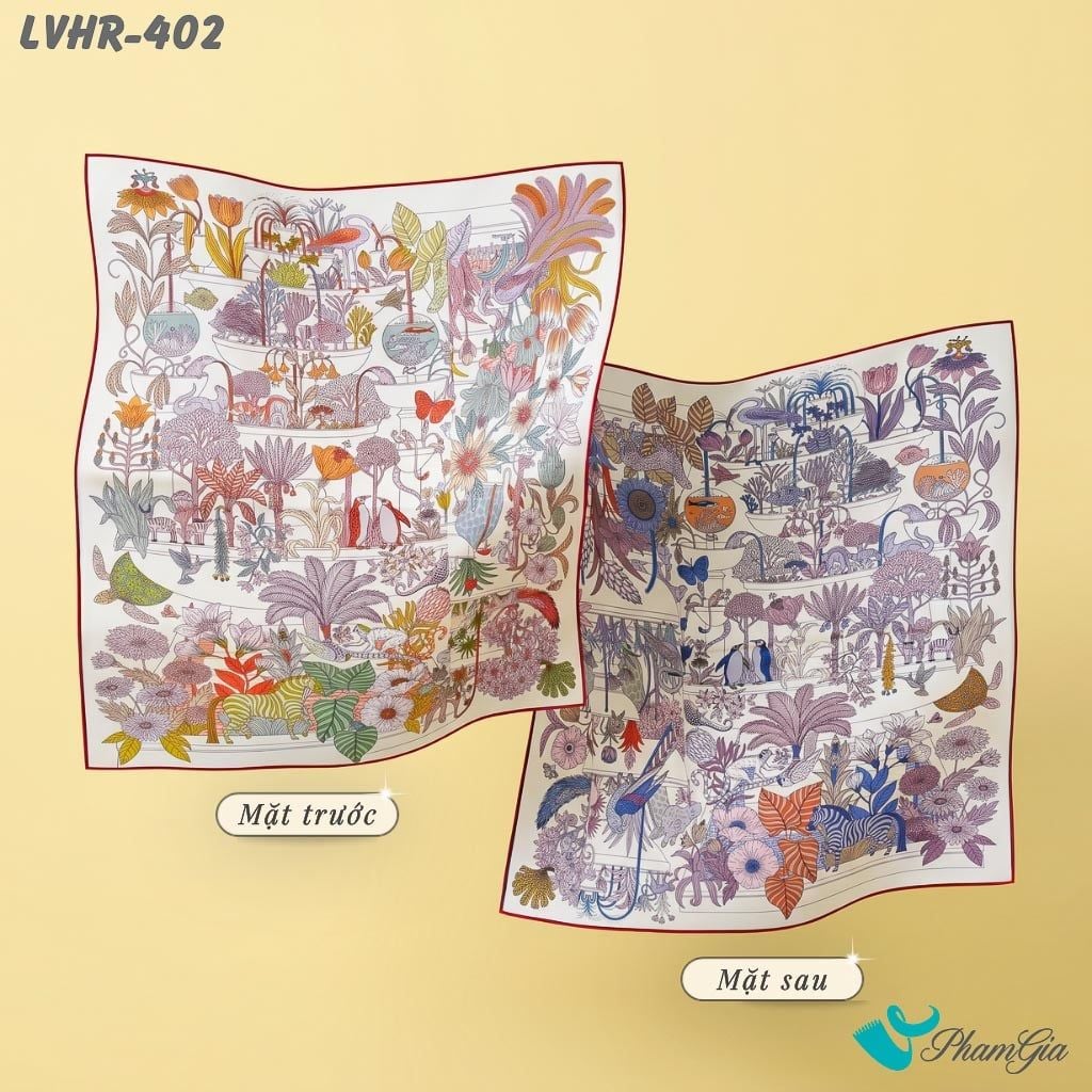 Khăn Lụa Vuông Hera 90*90Cm 2 Mặt Cao Cấp Hoạ Tiết Khu Vườn Nhiệt Đới Màu Trắng Hiện Đại (LVHR402)