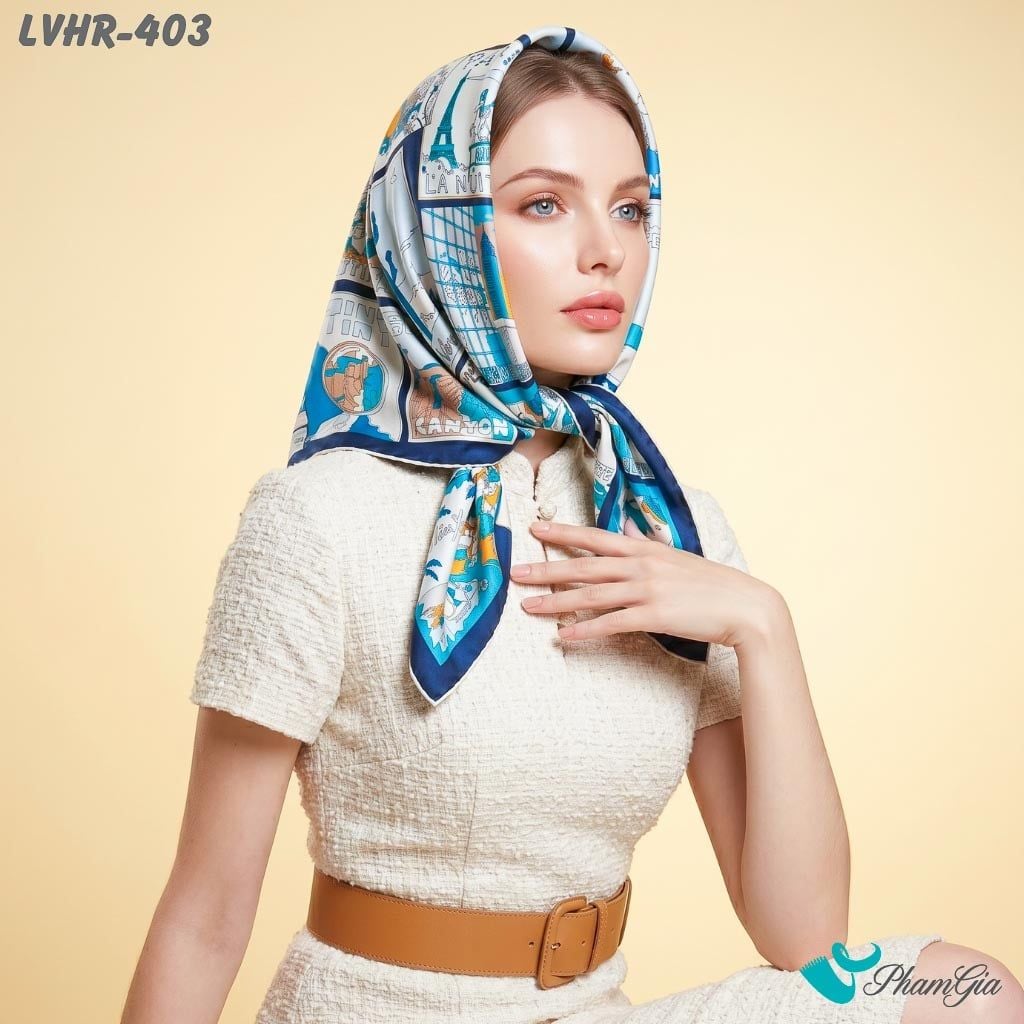Khăn Lụa Vuông Hera 90*90Cm 2 Mặt Cao Cấp Hoạ Tiết Postcard Du Lịch Màu Xanh Navy Sang Trọng (LVHR403)