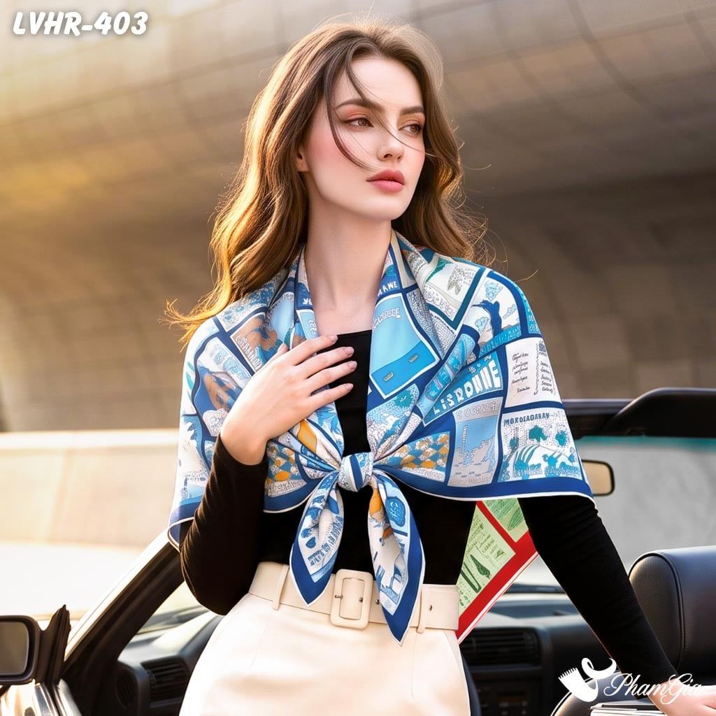 Khăn Lụa Vuông Hera 90*90Cm 2 Mặt Cao Cấp Hoạ Tiết Postcard Du Lịch Màu Xanh Navy Sang Trọng (LVHR403)