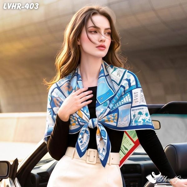 Khăn Lụa Vuông Hera 90*90Cm 2 Mặt Cao Cấp Hoạ Tiết Postcard Du Lịch Màu Xanh Navy Sang Trọng (LVHR403)