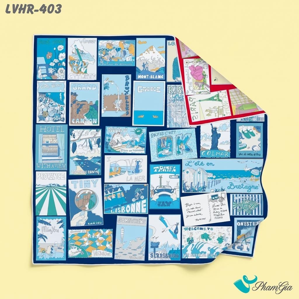 Khăn Lụa Vuông Hera 90*90Cm 2 Mặt Cao Cấp Hoạ Tiết Postcard Du Lịch Màu Xanh Navy Sang Trọng (LVHR403)