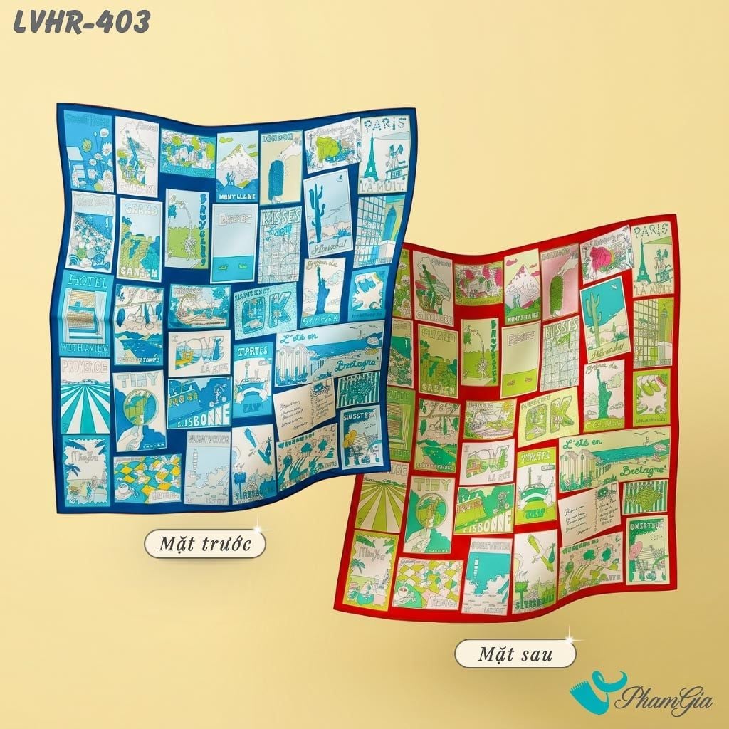 Khăn Lụa Vuông Hera 90*90Cm 2 Mặt Cao Cấp Hoạ Tiết Postcard Du Lịch Màu Xanh Navy Sang Trọng (LVHR403)