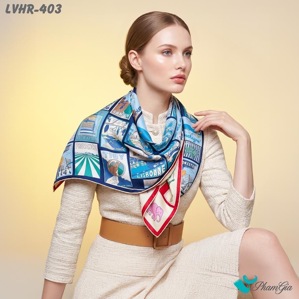 Khăn Lụa Vuông Hera 90*90Cm 2 Mặt Cao Cấp Hoạ Tiết Postcard Du Lịch Màu Xanh Navy Sang Trọng (LVHR403)