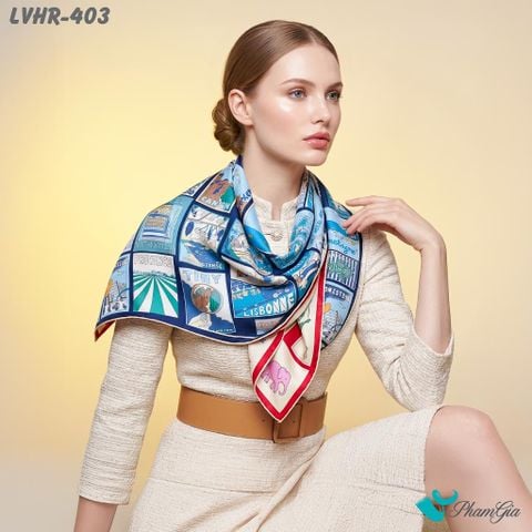 Khăn Lụa Vuông Hera 90*90Cm 2 Mặt Cao Cấp Hoạ Tiết Postcard Du Lịch Màu Xanh Navy Sang Trọng (LVHR403)