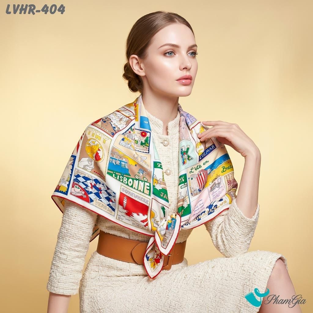 Khăn Lụa Vuông Hera 90*90Cm 2 Mặt Cao Cấp Hoạ Tiết Postcard Du Lịch Màu Beige Sang Trọng (LVHR404)