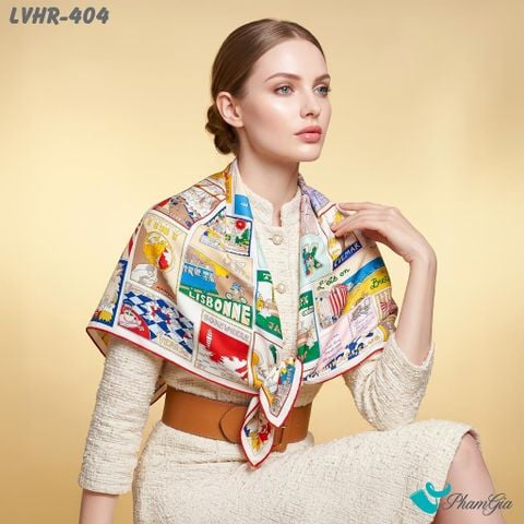 Khăn Lụa Vuông Hera 90*90Cm 2 Mặt Cao Cấp Hoạ Tiết Postcard Du Lịch Màu Beige Sang Trọng (LVHR404)