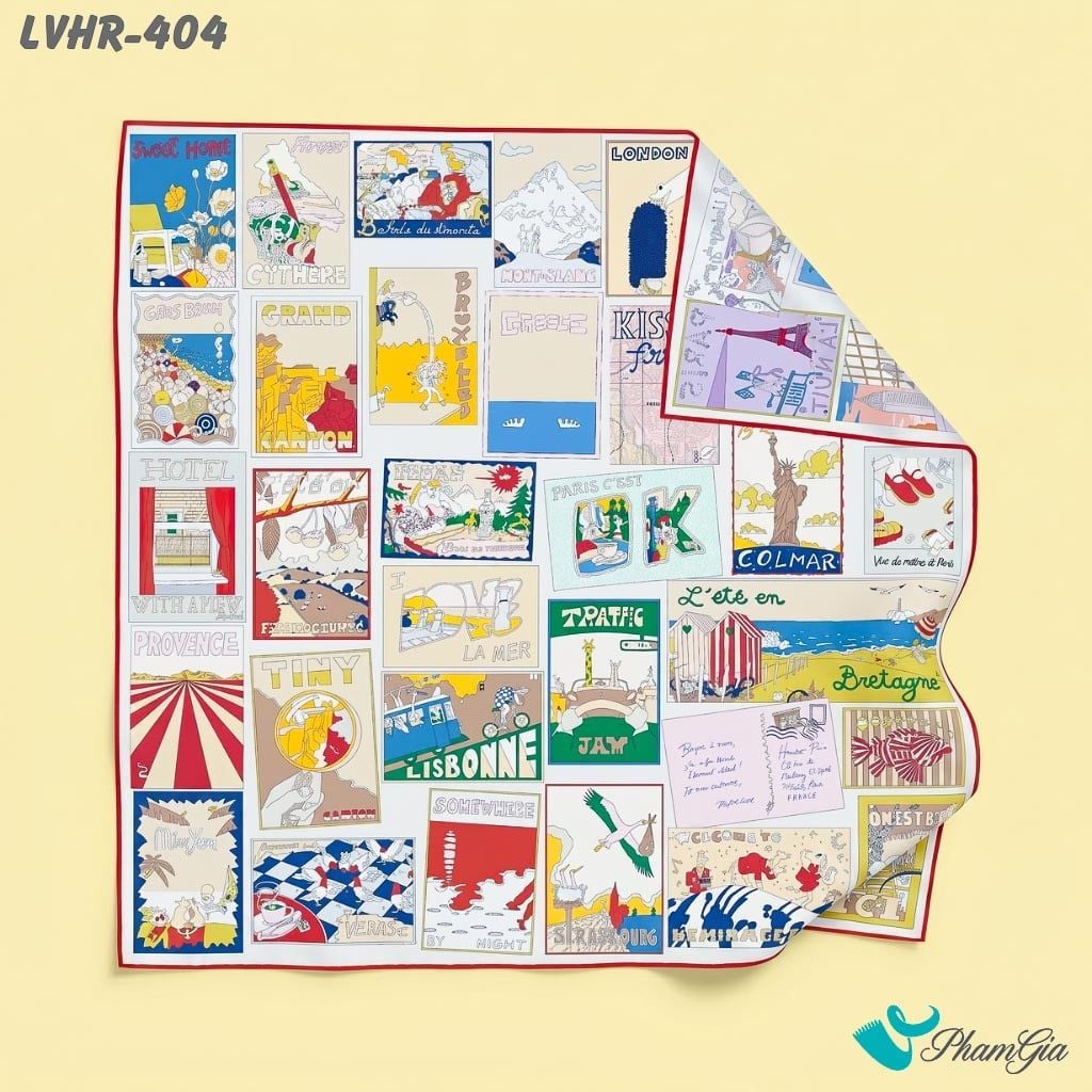 Khăn Lụa Vuông Hera 90*90Cm 2 Mặt Cao Cấp Hoạ Tiết Postcard Du Lịch Màu Beige Sang Trọng (LVHR404)
