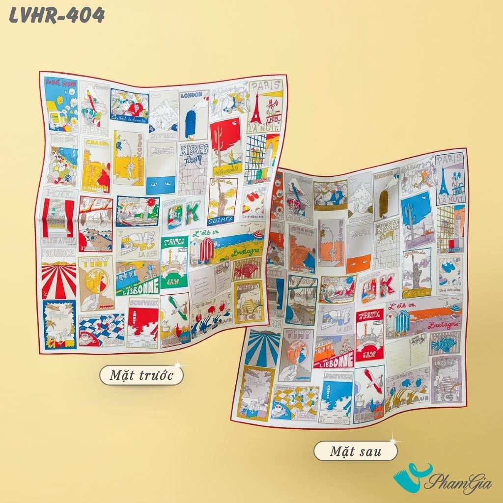 Khăn Lụa Vuông Hera 90*90Cm 2 Mặt Cao Cấp Hoạ Tiết Postcard Du Lịch Màu Beige Sang Trọng (LVHR404)