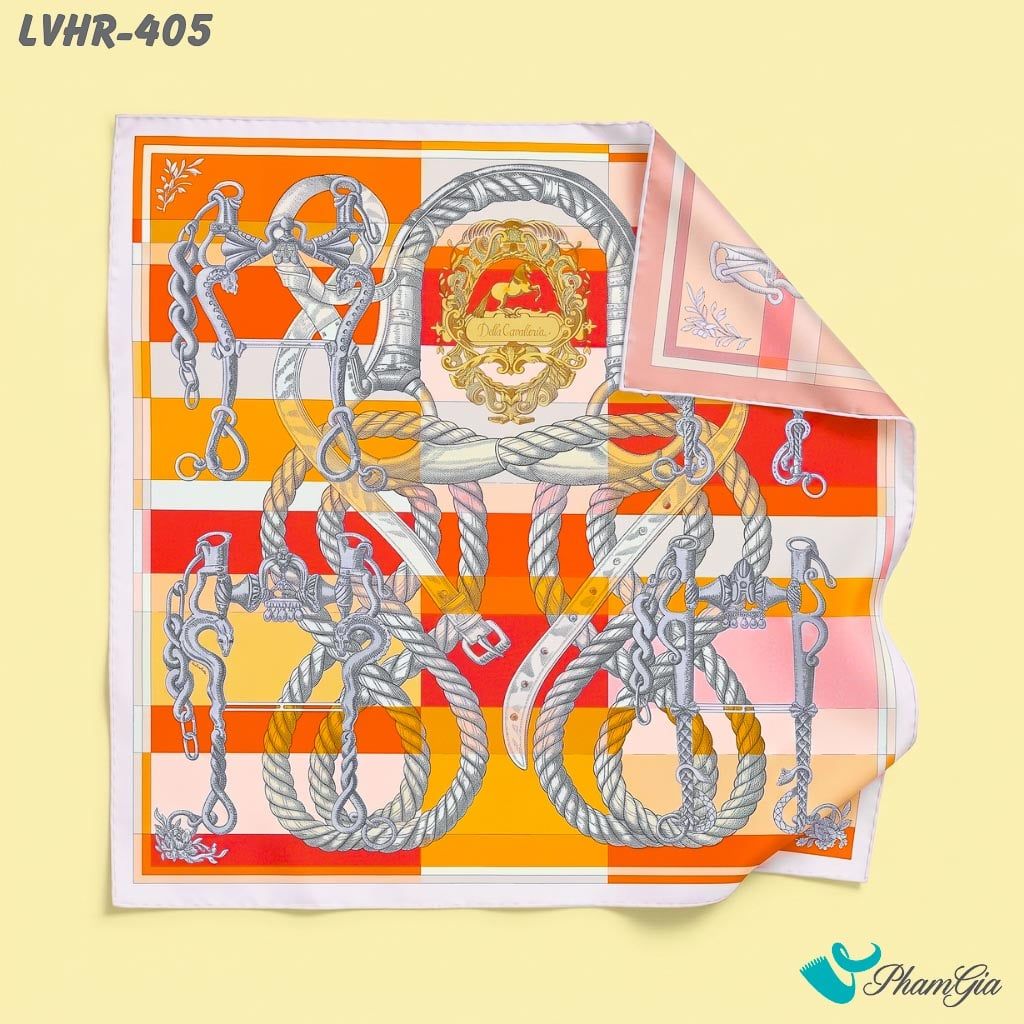 Khăn Lụa Vuông Hera 90*90Cm 2 Mặt Cao Cấp Hoạ Tiết Huy Hiệu Kỵ Sĩ Màu Cam Phối Đỏ Sang Trọng (LVHR405)