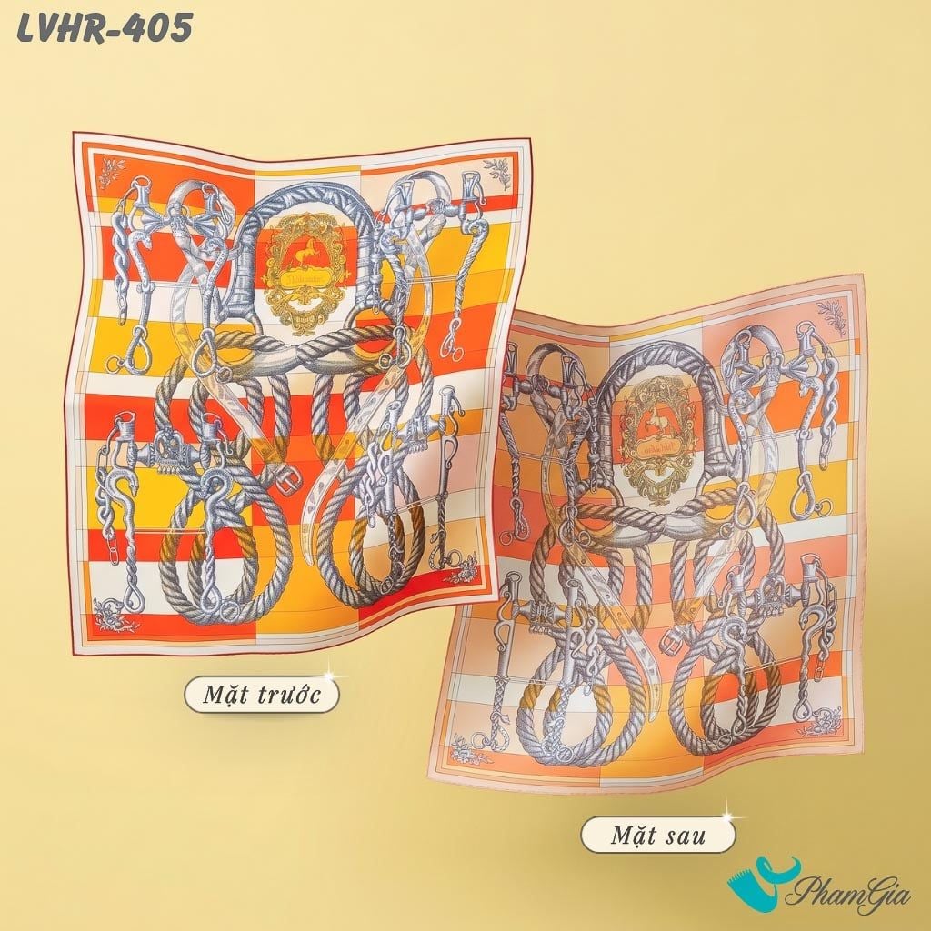 Khăn Lụa Vuông Hera 90*90Cm 2 Mặt Cao Cấp Hoạ Tiết Huy Hiệu Kỵ Sĩ Màu Cam Phối Đỏ Sang Trọng (LVHR405)