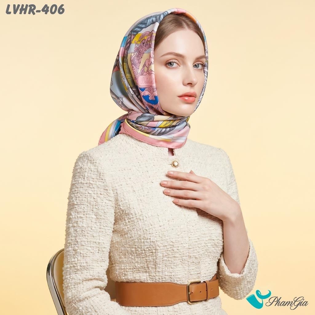 Khăn Lụa Vuông Hera 90*90Cm 2 Mặt Cao Cấp Hoạ Tiết Huy Hiệu Kỵ Sĩ Màu Hồng Pastel Phối Xanh Sang Trọng (LVHR406)