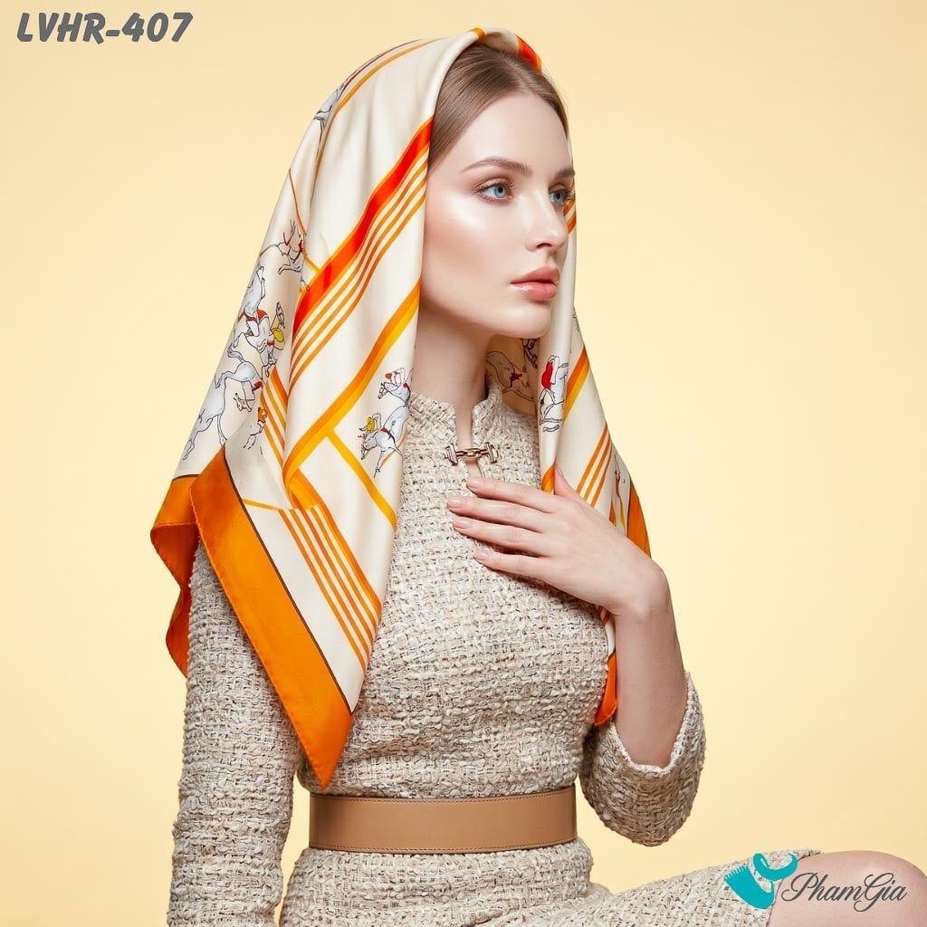 Khăn Lụa Vuông Hera 90*90Cm 2 Mặt Cao Cấp Hoạ Tiết Đường Đua Kỵ Sĩ Màu Trắng Viền Cam Hiện Đại (LVHR407)