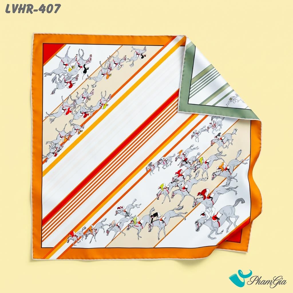 Khăn Lụa Vuông Hera 90*90Cm 2 Mặt Cao Cấp Hoạ Tiết Đường Đua Kỵ Sĩ Màu Trắng Viền Cam Hiện Đại (LVHR407)