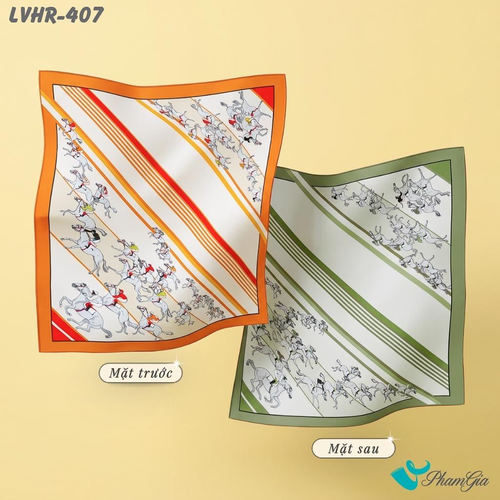 Khăn Lụa Vuông Hera 90*90Cm 2 Mặt Cao Cấp Hoạ Tiết Đường Đua Kỵ Sĩ Màu Trắng Viền Cam Hiện Đại (LVHR407)