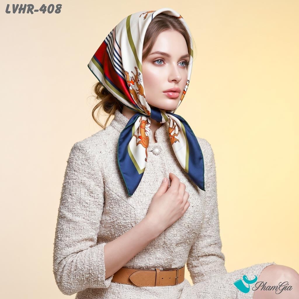 Khăn Lụa Vuông Hera 90*90Cm 2 Mặt Cao Cấp Hoạ Tiết Đường Đua Kỵ Sĩ Màu Trắng Viền Xanh Hiện Đại (LVHR408)