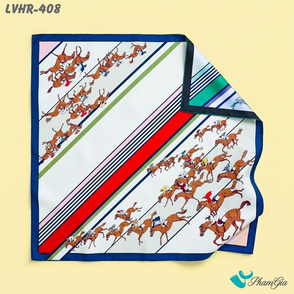 Khăn Lụa Vuông Hera 90*90Cm 2 Mặt Cao Cấp Hoạ Tiết Đường Đua Kỵ Sĩ Màu Trắng Viền Xanh Hiện Đại (LVHR408)